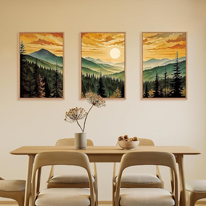 LHIUEM Large Boho Sunset Mountain Framed Canvas Wall Art,Retro Pine Tree Wall Decor,Nature Foggy Forest Wall Painting,Bohemian Landscape Artwork for Living Room,Bedroom,Dining Room,Office -16"x24"x3