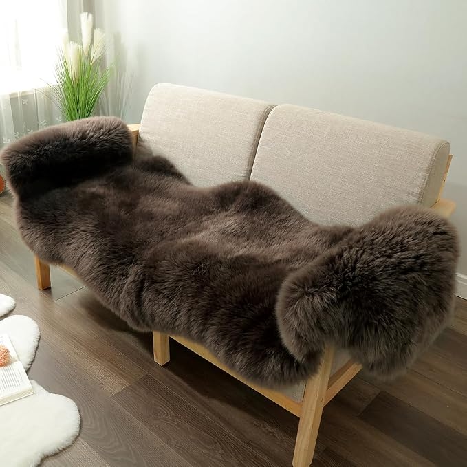 IRIWOOL Premium Genuine Fur Sheepskin Rug Real Australia Sheepskin Natural Luxury Fluffy Lambskin Fur Area Rug Seat Covers for Kids Bedroom Sofa Chair Cover (Dark Walnut, Double Pelt/2ft x 6ft)