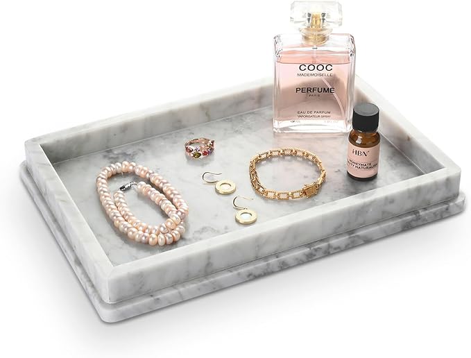 Italian Real Natural Marble Bathroom Vanity Tray 12 inch, Carrara White Stone Jewelry Tray, Rectangle Perfume Trays, Large Tank Trays, Cosmetic Organizer