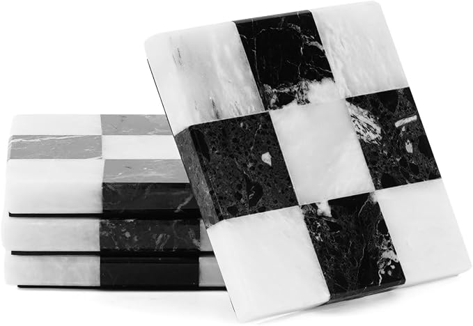 Marble Coasters Set of 4, Zebra Black & White Handmade 4 inch Square Checkered Stone Coaster, Drink Coasters for Living Room, Trendy Office Desk Accessories & Home Décor