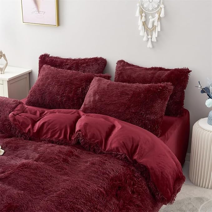 chovy Faux Fur Plush Wine Red Comforter Sets Twin/Full Size - Ultra Soft Shaggy Flannel Velvet Fluffy Fuzzy 3PC Bedding Set (Comforter x 1 Pillowcases x 2)