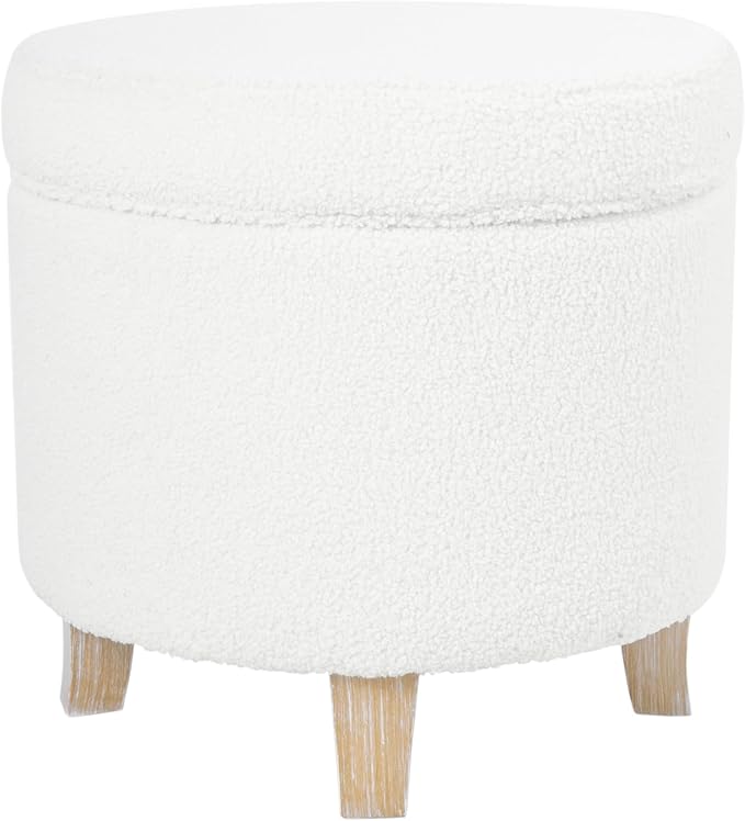 HomePop 19" Faux Sheepskin Round Storage Ottoman - Light Cream