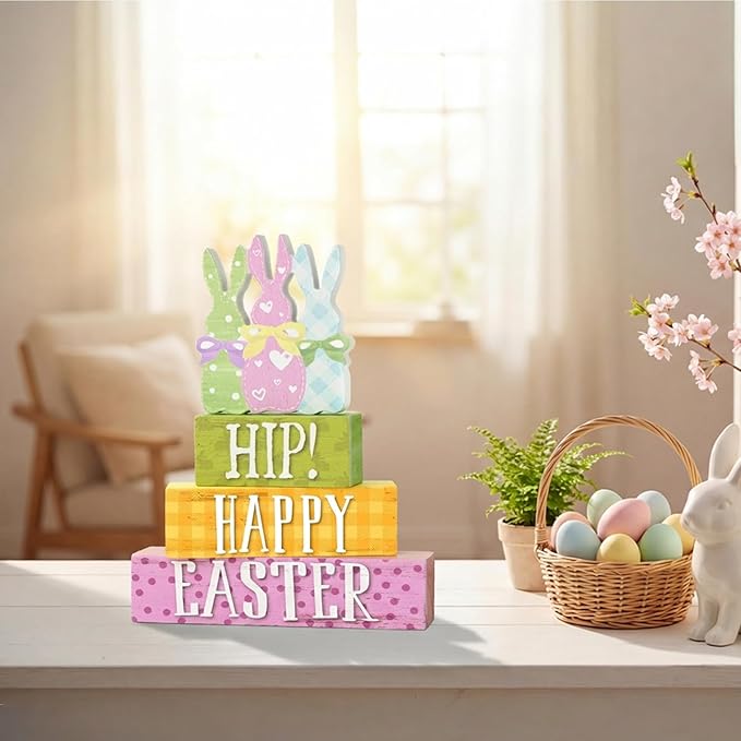 Smile Wooden Easter Decoration Sign, "Hip! Happy Easter" Wooden Block Stack with Bunny Silhouettes, Pastel Tiered Tabletop Decor for Spring & Easter