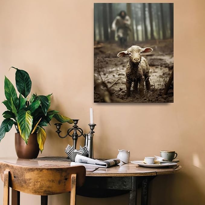 GUN SUPPLIES OUTLET LLC Christian Wall Art Jesus Chasing Lost Lamb Canvas Print Inspirational Wall Decor 16x20 Inch Home Decor