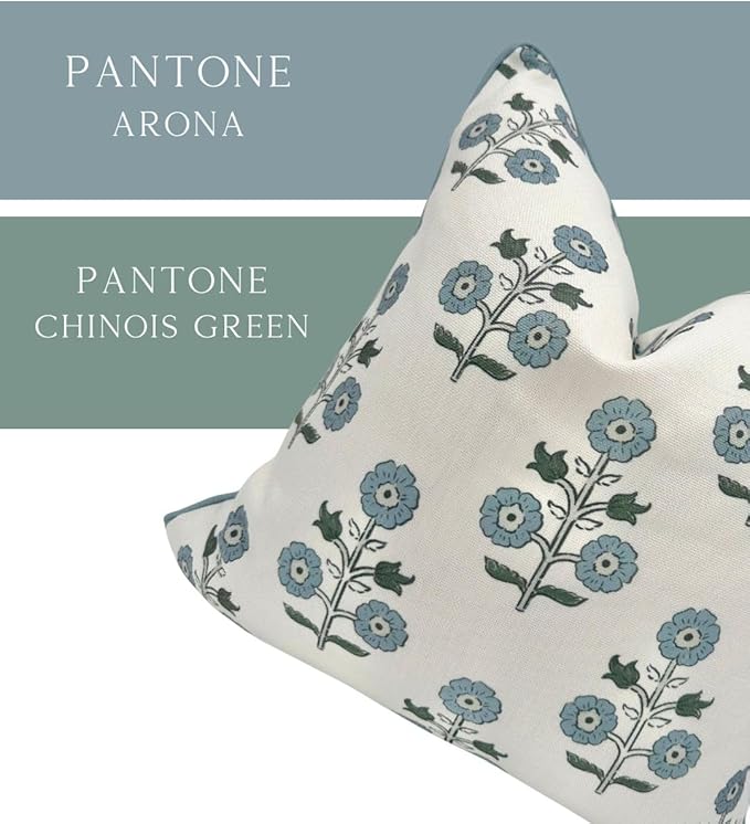 Jillien Harbor "The Stella” Floral Block Print Pillow Cover – Blue & White Decorative Throw Pillow Cover with White Background – Grandmillennial Home Decor, 20" x 20"