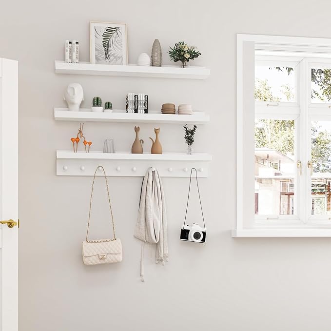 MBYD Solid Wood White Nursery Book Shelves for Kids Room, 36 Inch Wall Shelf with Hooks & Floating Shelf with Pegs, Picture Ledge to Organize Books, Baby Essentials, Declutter Space & Hang Clothes