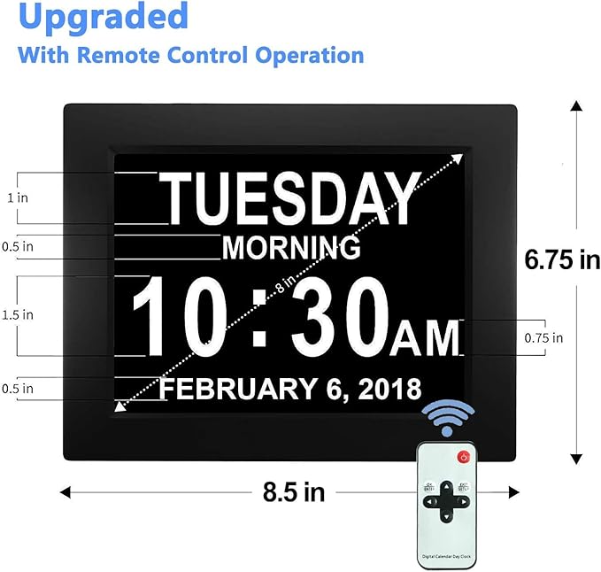 New 2026 Digital Calendar Alarm Day Clock - with 8" Large Screen Display, am pm, Multiple Alarms, for Impaired Vision People, The Aged Seniors, The Dementia, for Desk, Wall Mounted, Black