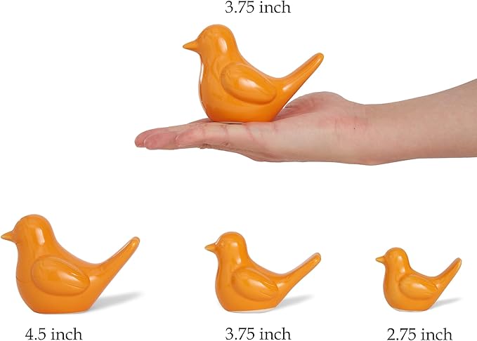 Small Orange Bird Statue Ceramic 2-Piece Set, 3¾ inch Cute Knick Knack for Home Office Shelf Desk Decor