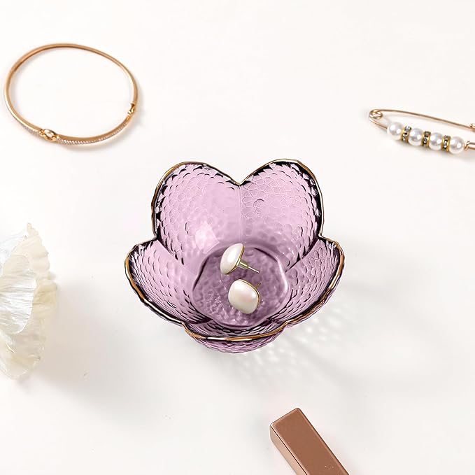 Purple Flower Jewelry Dish Glass Ring Holder Dish Jewelry Tray Cute Vanity Organizer Aesthetic Nightstand Bathroom Room Decor Trinket Dish Mothers Day Friendship Christmas Birthday Gifts for Women