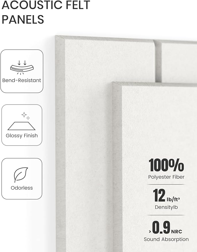 Fluxynara Felt Bulletin Board Tiles Large 48" x 36" Cork Board Alternative-12 Pack with 70 Adhesive Tabs, Thick Slat Wall Panels for Office Decor, Push Pin Board Wall Organizer Alternative-Milky White
