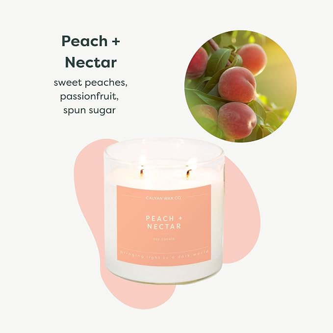 Calyan Wax Co. Peach & Nectar 2 Wick Scented Candle - 37 Hour Burn - Luxury Clean Soy Wax Candles - Long Lasting Large Glass Jar Candle for Home - 8.8oz