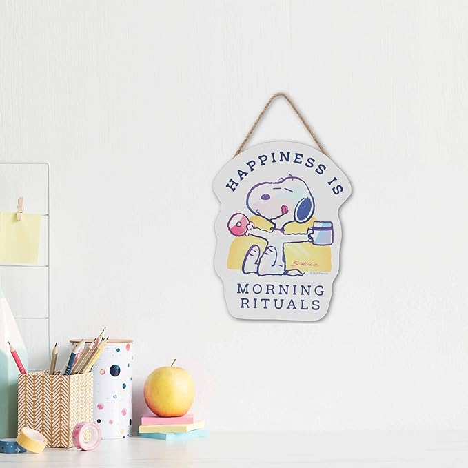 Peanuts Snoopy Happiness is Morning Rituals Hanging Wood Wall Decor - Cute Snoopy With Coffee Sign for Home or Office