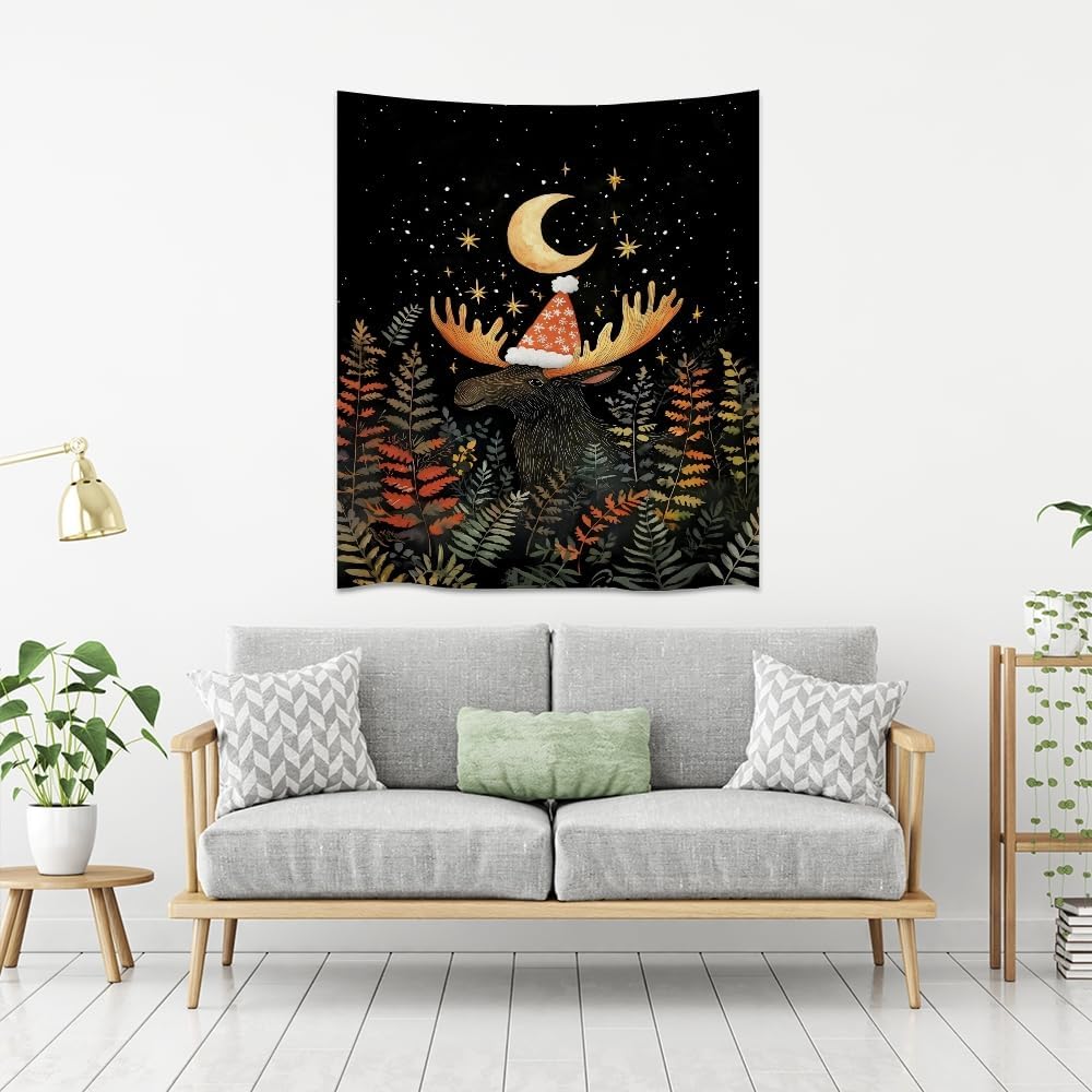 Cute Moose Tapestry Winter Christmas Aesthetic Wall Hanging Decor Funny Animal Lover Gift Whimsical Christmas Tapestries for Nursery Kids Bedroom Home Living Room Decoration 30x40inch