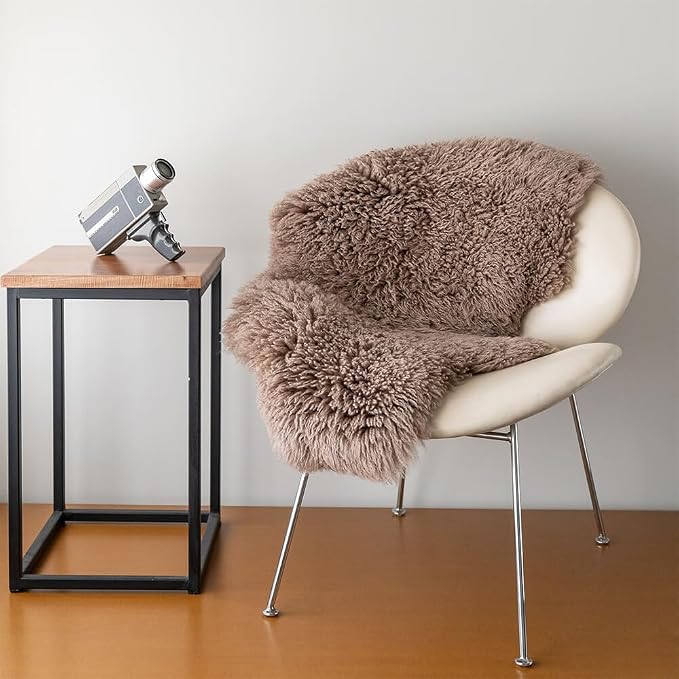 Genuine Sheepskin Rug – Soft & Fluffy Curly Hair Single Pelt (2' x 3') Dark Beige Lambskin Area Rug for Bedroom or Living Room – Made in Argentina