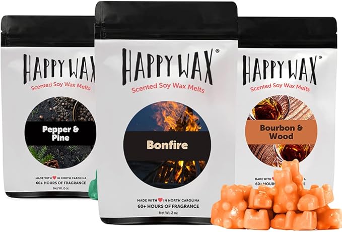 Happy Wax Cozy Cabin Winter Scented All Natural, Non Toxic Soy Wax Melts; 6 Total Oz. of Scented Wax Melts, Collection Includes Bonfire, Bourbon &Wood and Pine Forest