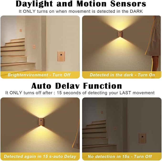LANDGOO 2-Pack Wood Step Light with Motion Sensor, Rechargeable Stair Night Light Set, Beech Wood 2700K Warm White LED Wall Lamps, Easy No-Wire Installation for Hallway Bedroom Staircase