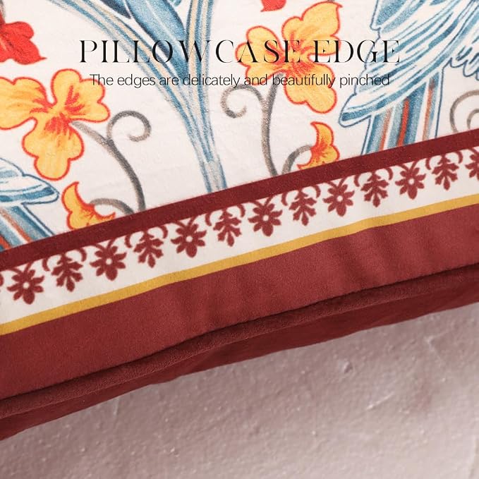 patdrea Designer French Velvet Throw Pillow Cover,Set of 4,-Moritz ABAC | Elegant Lumbar Pillow Case,Rust Red Floral and Bird Pattern,Decorative Pillow Cover for Couch Living Room Bedroom