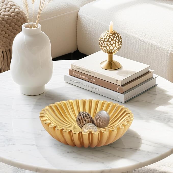 Large Modern Decorative Ruffle Bowl for Home Decor Fruit Bowl Organic Catch All Key Kitchen Entryway Shelf Coffee Table,Gold