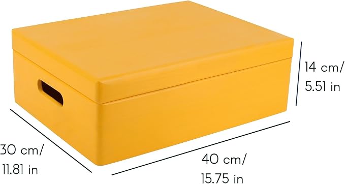 Creative Deco XL Yellow Wooden Box Storage with Hinged Lid | 15.8x11.8x5.5in (+-0.5) | Keepsake with Handles | Gift Box for Tool Dog Toy Kitchen Storage | Wood Chest Trunk