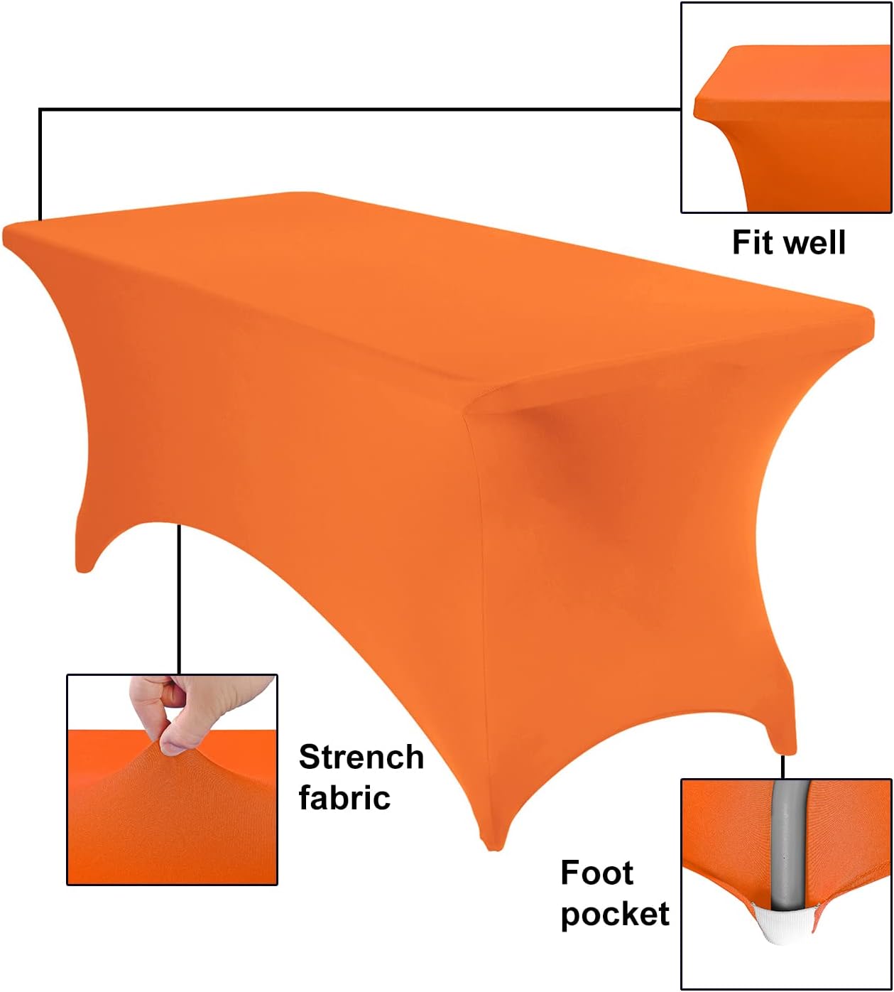 4Pack Spandex Waterproof Table Covers 6ft，Spandex 6ft Waterproof Table Cover for Party,Wedding, Banquet, and Events(Orange)