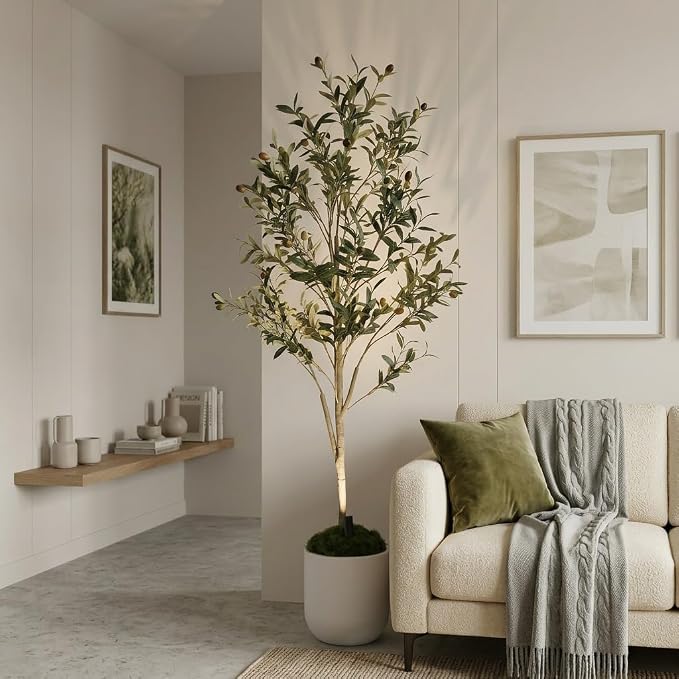 Artificial Olive Tree with Large Modern Planter, Rechargeable Wireless LED Light & Moss - Realistic Fake Potted Indoor Plant for Office and Home Decor (5.5FT)