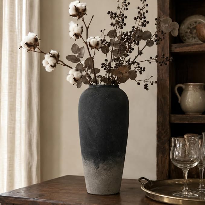 15 Inch Rustic Ceramic Vase, Black Flower Vase for Centerpieces, Farmhouse Decor for Living Room, Entryway & Kitchen, Vintage Pottery Vase for Wedding Gifts