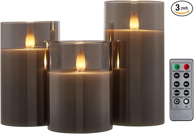 Glass Flameless Pillar Candles Flickering with Remote Timer, Battery Operated LED 3D Moving Flame Real Wax Candles,Remote Included (Gray)
