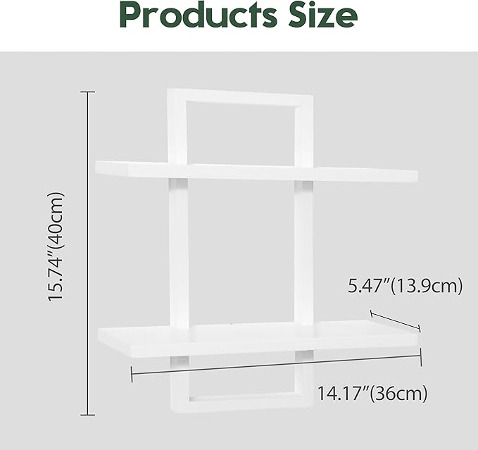 PHOENANCEE Floating Shelves for Wall,Display Hanging Shelf Set of 2,Modern Decorative Plants Shelves,Wood Home Decor Storage Chic for Living Room Bedroom Bathroom Office,Oak Frame,2-Tier,White