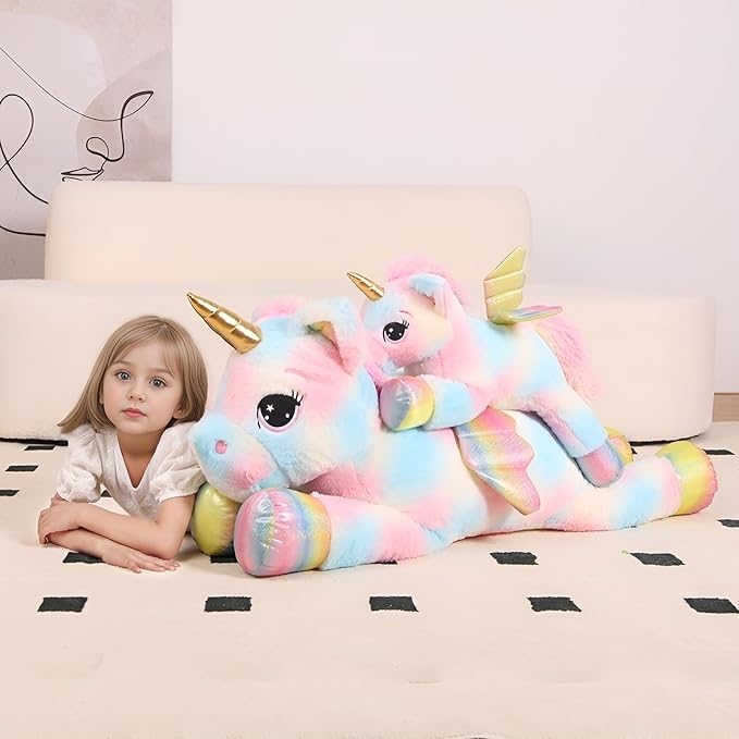 FFxiong 44 Inch Giant Color Unicorn Stuffed Animal Pillow, Cute Soft Big Unicorn with Rainbow Wings Large Plush Toy, Gifts for Girlfriend Girl Boy Kids Christmas Birthday Valentines
