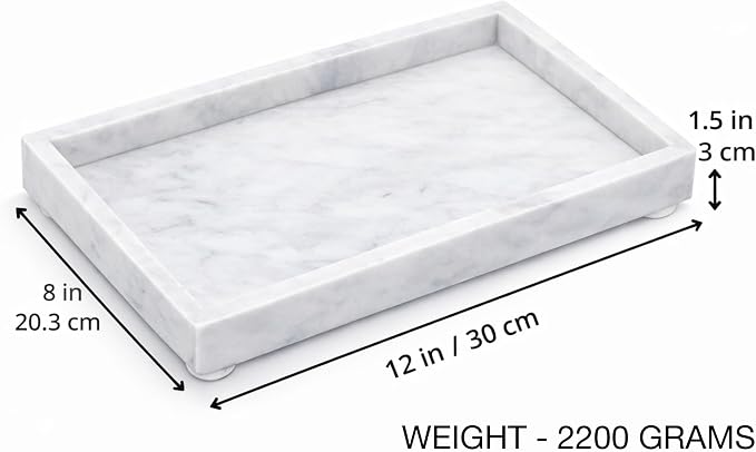 Natural White Marble Tray, 12" x 8", Rectangular | Stone Organizer, For Bathroom, Kitchen, Vanity, Desktop, For Coffee Table, Dresser, Nightstand