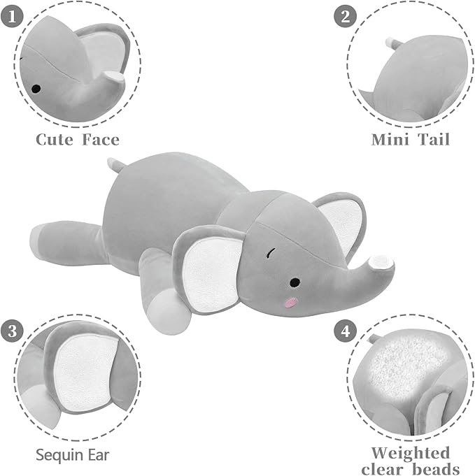 CSVBTRF Weighted Stuffed Animals, 4.2 lbs 23" Elephant Plush Hugging Pillow for Gift, Grey Elephant Stuffed Animals