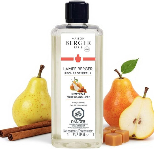 Maison Berger Sweet Pear Lampe Berger Refill, 1 Liter (33.8 fl oz), 2-in-1 Catalytic System, Neutralizes Odors and Diffuses Fragrance, Pear, Cinnamon, Made in France