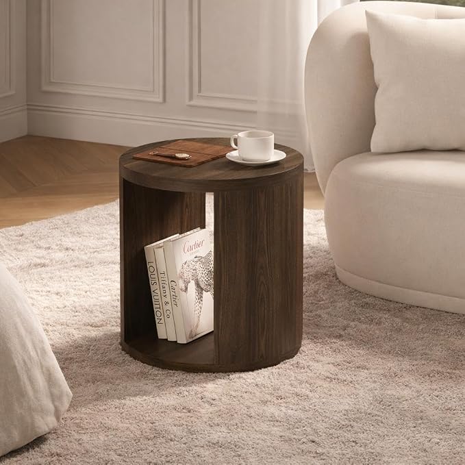 Manhattan Comfort Alure 20" Round End Table, Modern Accent Side Table with Open Storage, Elegant Wood Grain Design, Compact Living Room Furniture, Walnut
