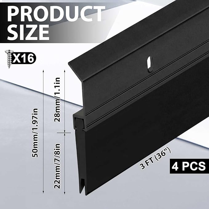 Hushee 4 Pack 36 Inches Metal Rubber Door Sweep, Double Rubber Seal Aluminum Door Sweep High Sealing Draft Stopper, Weatherproof Sound Insulation Indoor Outdoor Use for Residential Commercial (Black)