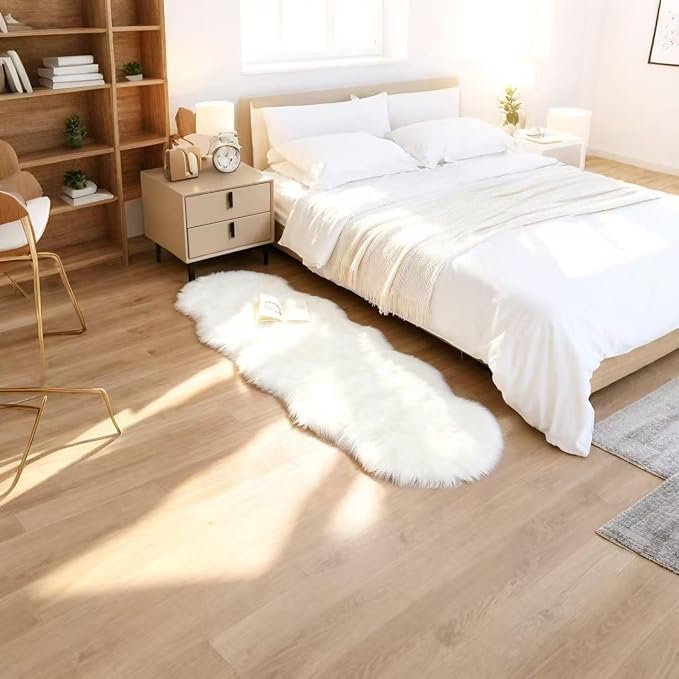 Faux Fur Sheepskin Runner Rug White 2x6 ft Ultra Soft Shaggy Plush Fluffy Fuzzy Area Carpet Decorative Chair Cover Floor Mat for Bedroom Sofa Living Room Bedside