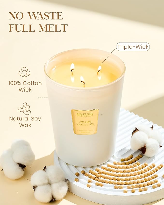 M&SENSE Creamy Vanilla Pie Soy Candle, 35oz 3-Wick, Cozy Baking Gift | 150H Long Burn, Non-Toxic, Large Jar, Cozy Housewarming Gift, Stress Relief, Relaxing Home Fragrance