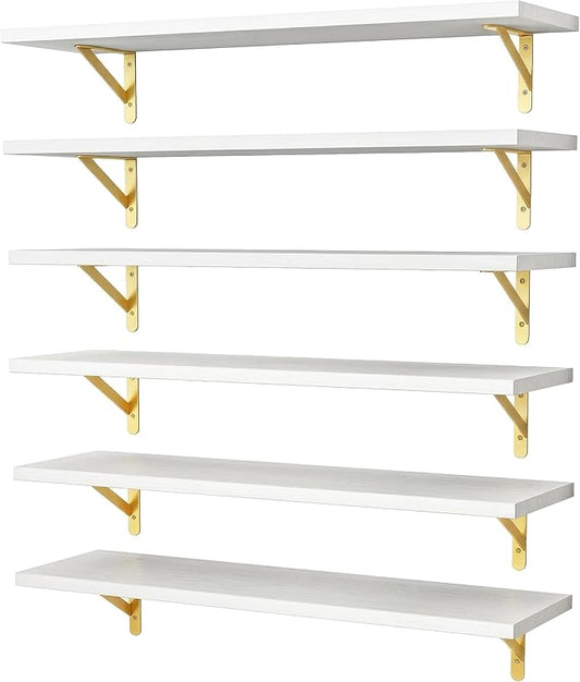 YGEOMER White Floating Shelves for Wall, Farmhouse 23.6 Inch Wall Shelves for Bedroom, Bathroom Storage, Living Room and Kitchen Decor (Set of 6 White)