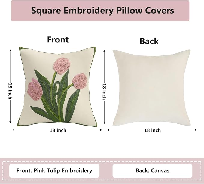 Spring Pillow Covers 18X18 Pack of 2 Pink Tulip Floral Embroidered Throw Pillow Covers Flower Tufted Pillowcases Farmhouse Decor Cushion Cover Square Summer Decoration Pillow Case