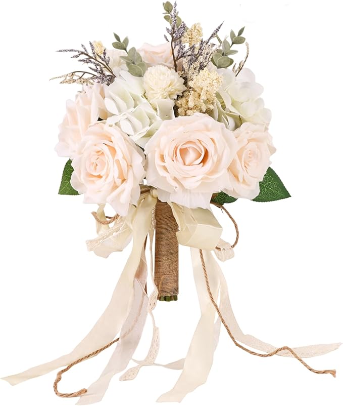 CEWOR Wedding Bouquets for Bride Bridesmaid, White Champagne Artificial Roses Flowers Wedding Decoration (10in)