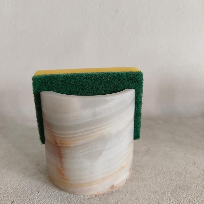 Natural Travertine Marble Sponge Holder, Stone Dish Drying Rack & Sink Organizer - Durable Kitchen Countertop Decor, Sponge Caddy with Drainage (White Onyx)