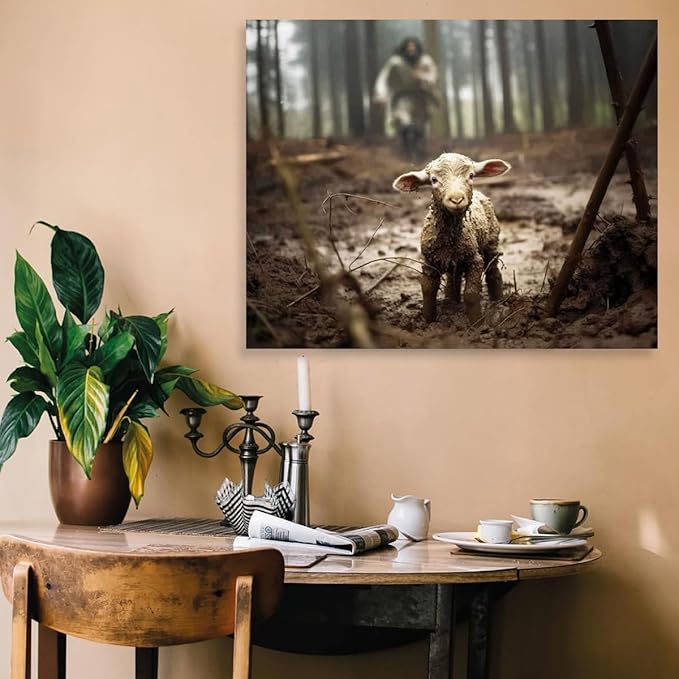 Jesus and Lamb Canvas Wall Art Jesus Running After Lost Lamb Picture Wall Art Canvas Print Christian Home Decor 30x24 inch (Landscape)