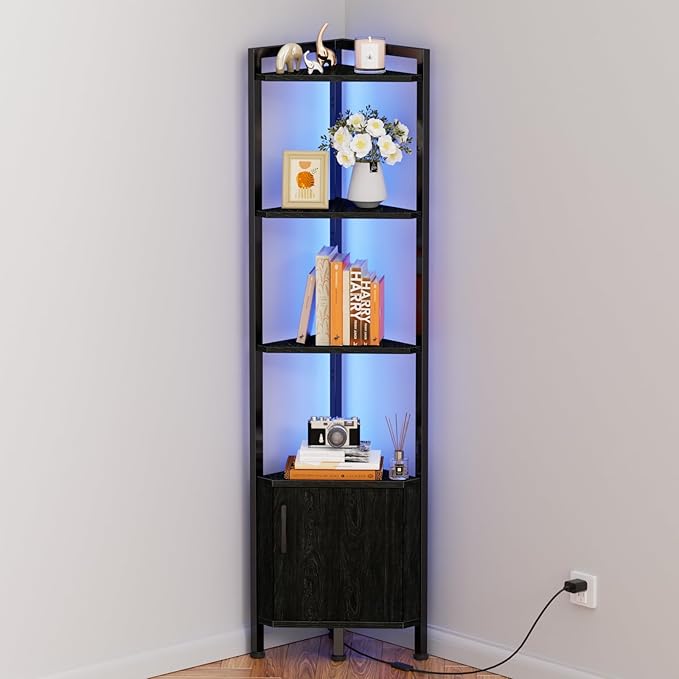 Furnulem Corner Shelf,5-Tier Corner Cabinet with Storage and LED Light, 62.8” Standing Display Bookshelf for Bedroom, Living Room, Kitchen, Wood Display Shelf (Black Oak) | with Storage, LED Light, for Bedroom, Living Room, Kitchen