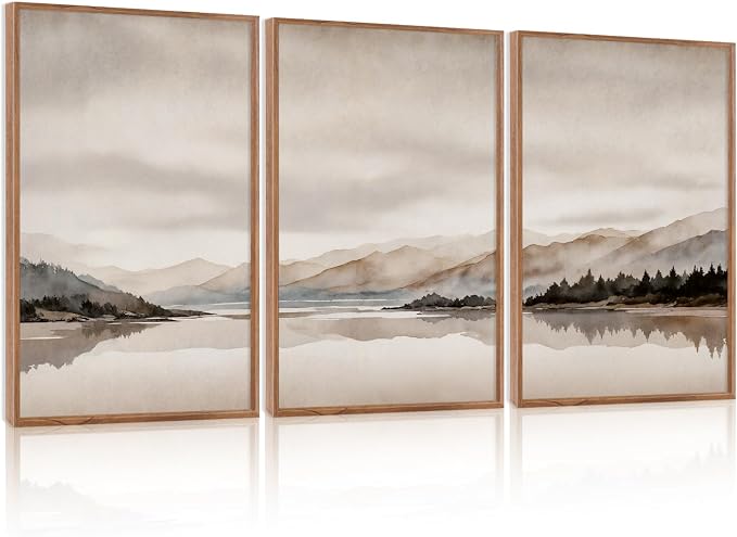 LHIUEM Abstract Mountain Brown Framed Canvas Wall Art,Neutral Watercolor Landscape Wall Decor,Minimalist Grey Beige Lake Artwork for Living Room,Bedroom,Dining Room,Office -16"x24"x3