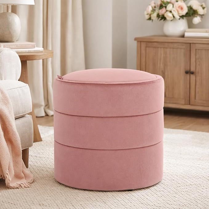 HomePop Storage Round Ottomanwith Removable Lid|Homepop Home Décor|Upholstered Round Velvet Foot Rest Ottoman - Blush Pink Velvet