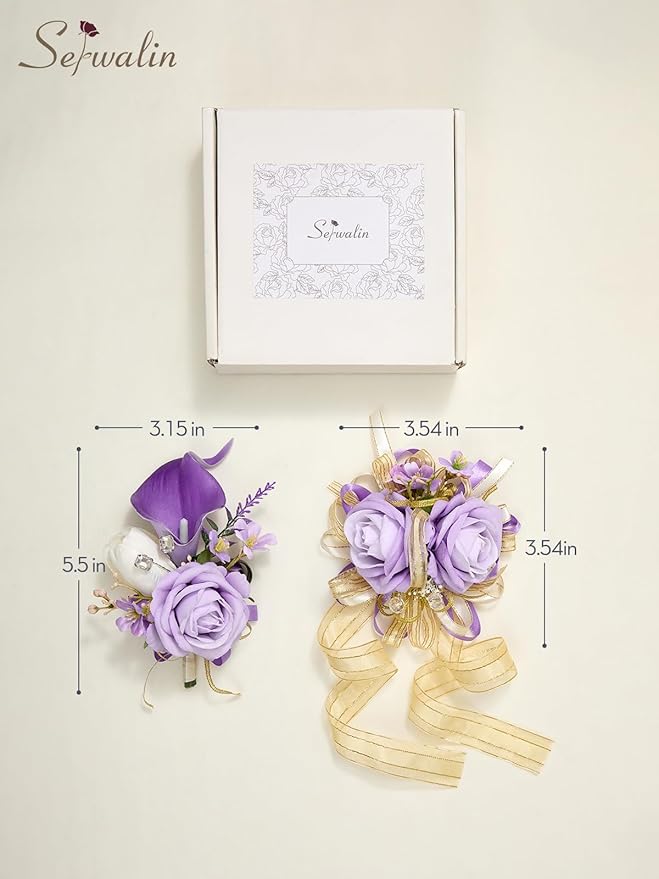 Serwalin Purple Prom Corsage and Boutonniere Set, Artificial Calla Lily Rose Wrist Corsage Wristlet for Homecoming, Formal Dance, Wedding Flowers Accessories Party Suit Decorations