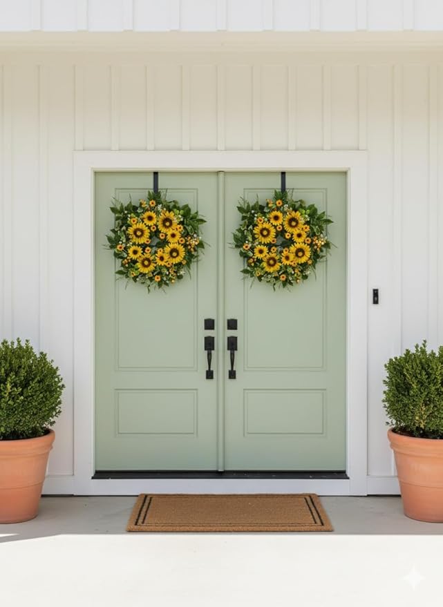 Sunflower Wreath for Front Door, 24–26 Inch Spring & Summer Wreath with Lifelike Sunflowers, Handmade Outdoor Wreath for Front Door, Spring Home Decor