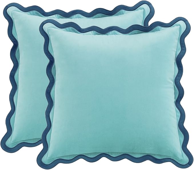 MONDAY MOOSE Decorative Throw Pillow Covers Cushion Cases, Set of 2 Soft Velvet Scalloped Wavy Edge Designs, Mix and Match for Home Decor, Pillow Inserts Not Included (22x22 inch, Blue/Light Blue)