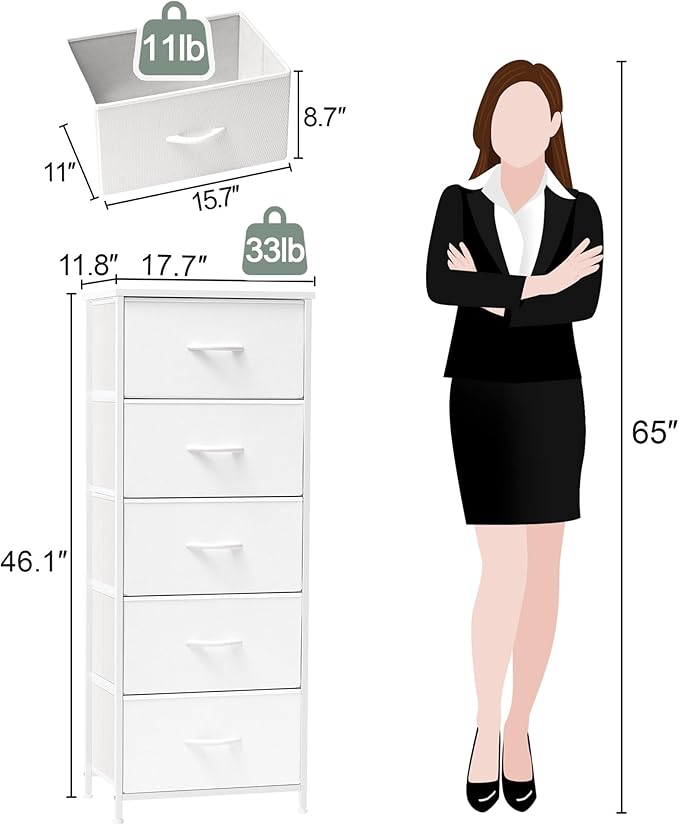 Crestlive Products Tall Dresser Vertical Storage Tower - Sturdy Steel Frame, Wood Top, Easy Pull Fabric Bins - Organizer Unit for Bedroom, Hallway, Entryway, Closets - 5 Drawers(White)