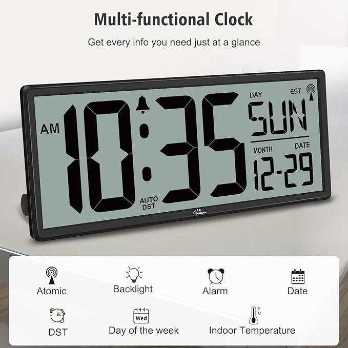 WallarGe 14.5'' Atomic Clock with Backlight, Large Digital Wall Clock Battery Operated, Large Display with Temperature and Date, Easy to Read and Set Digital Wall Clock, Auto DST
