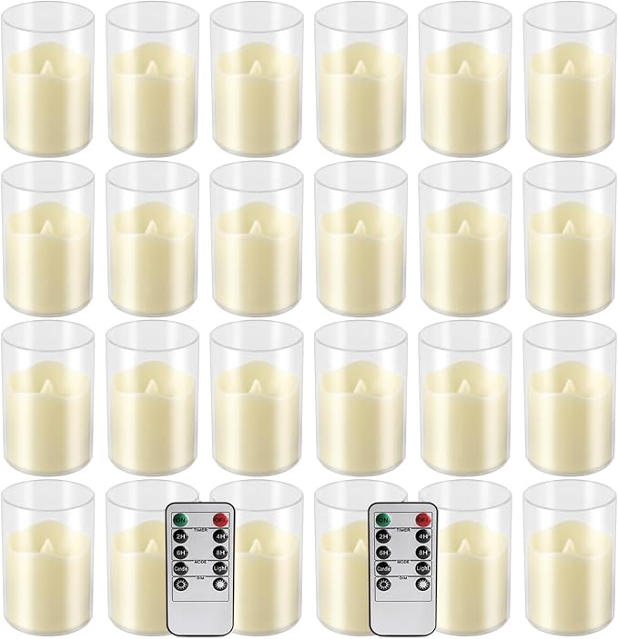 fclayvts 24 Pack Flameless LED Candles with Clear Glass Holder, Battery Operated Real Wax Tea Lights with Remote & Timer, Flickering Warm Light Fireless Votive Candles for Home Wedding Holiday Decor